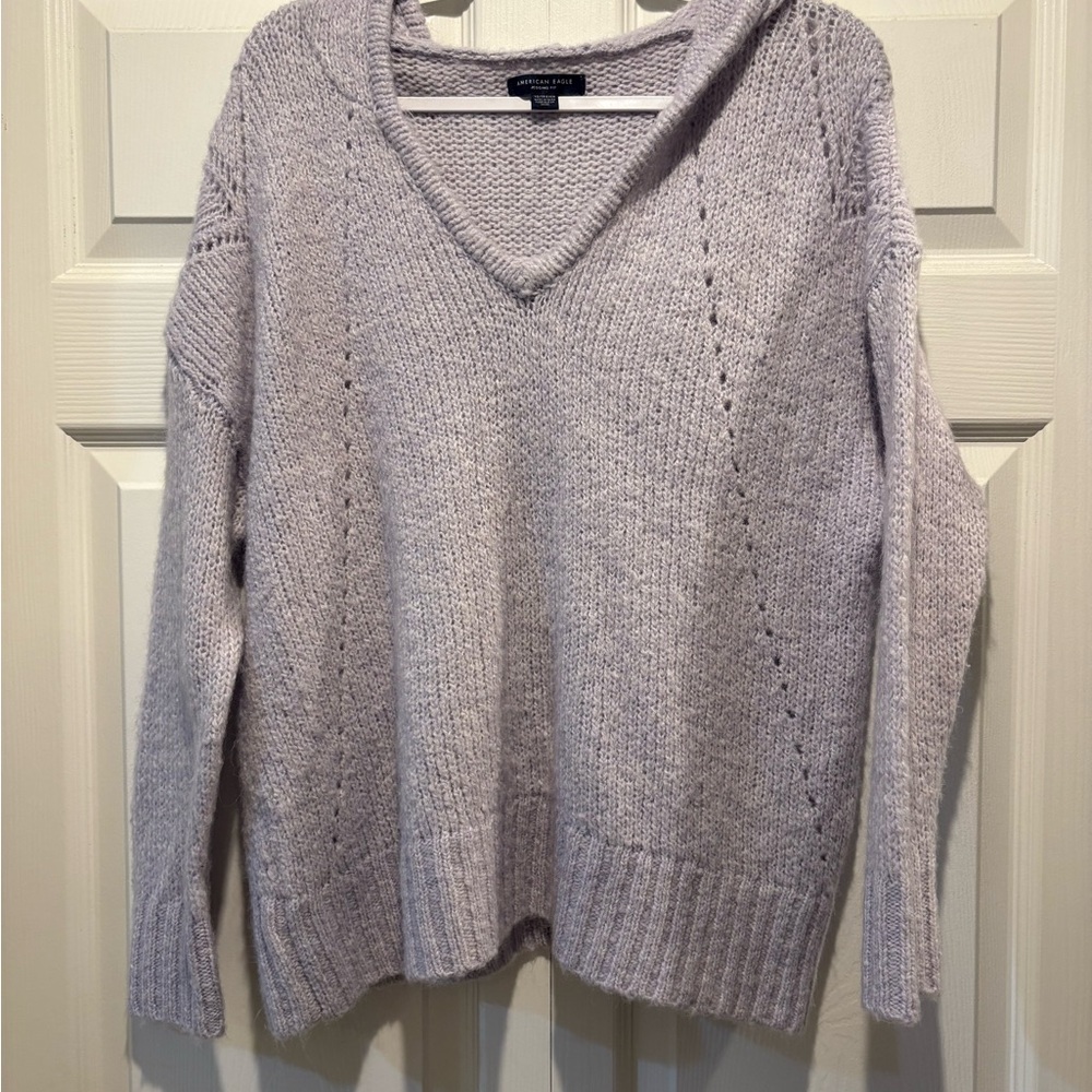 American Eagle Outfitters lilac Gray V-Neck oversized relaxed Sweater hood sz XS